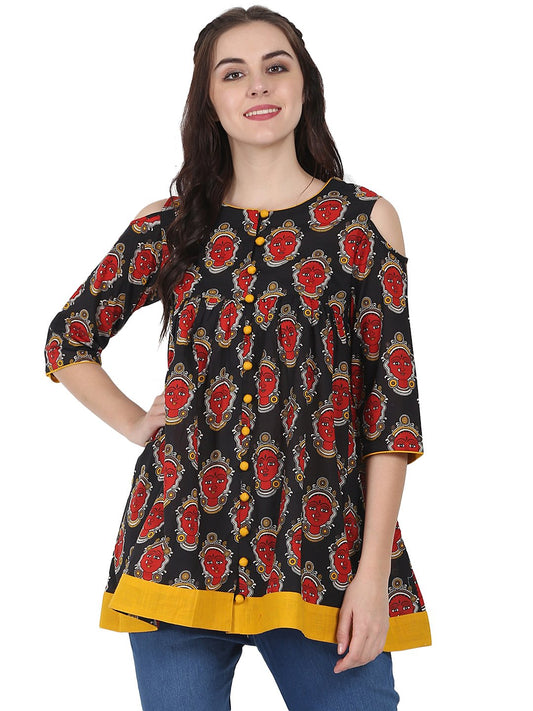 Black & Red Printed 3/4Th Sleeve Cotton Flared Tunics | LASVINI - Redefining Indian Fashion with Elegance