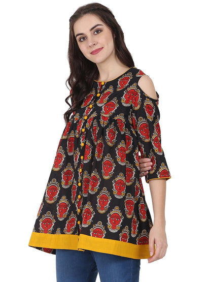 Black & Red Printed 3/4Th Sleeve Cotton Flared Tunics | LASVINI - Redefining Indian Fashion with Elegance