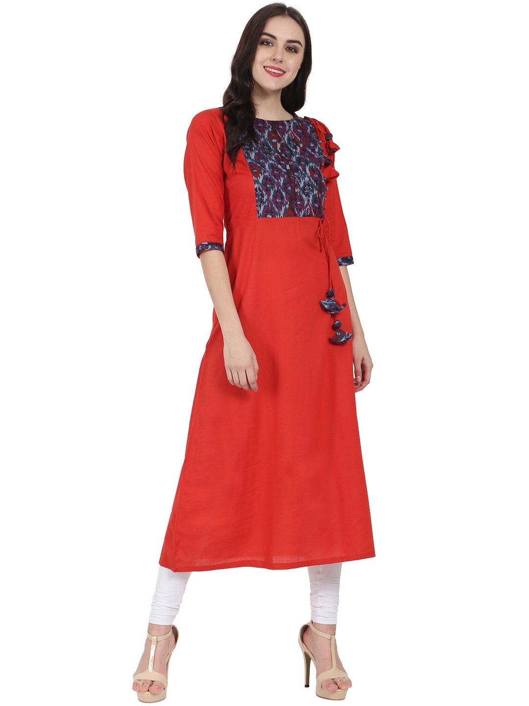 Red 3/4Th Sleeve Cotton A-Line Kurta With Dori & Latkan Work At Yoke | LASVINI - Redefining Indian Fashion with Elegance