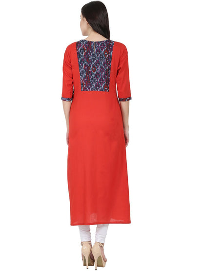 Red 3/4Th Sleeve Cotton A-Line Kurta With Dori & Latkan Work At Yoke | LASVINI - Redefining Indian Fashion with Elegance
