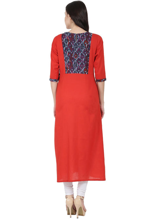 Red 3/4Th Sleeve Cotton A-Line Kurta With Dori & Latkan Work At Yoke | LASVINI - Redefining Indian Fashion with Elegance