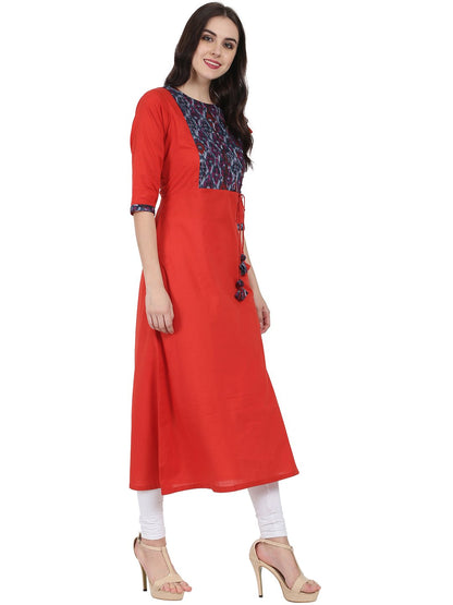 Red 3/4Th Sleeve Cotton A-Line Kurta With Dori & Latkan Work At Yoke | LASVINI - Redefining Indian Fashion with Elegance