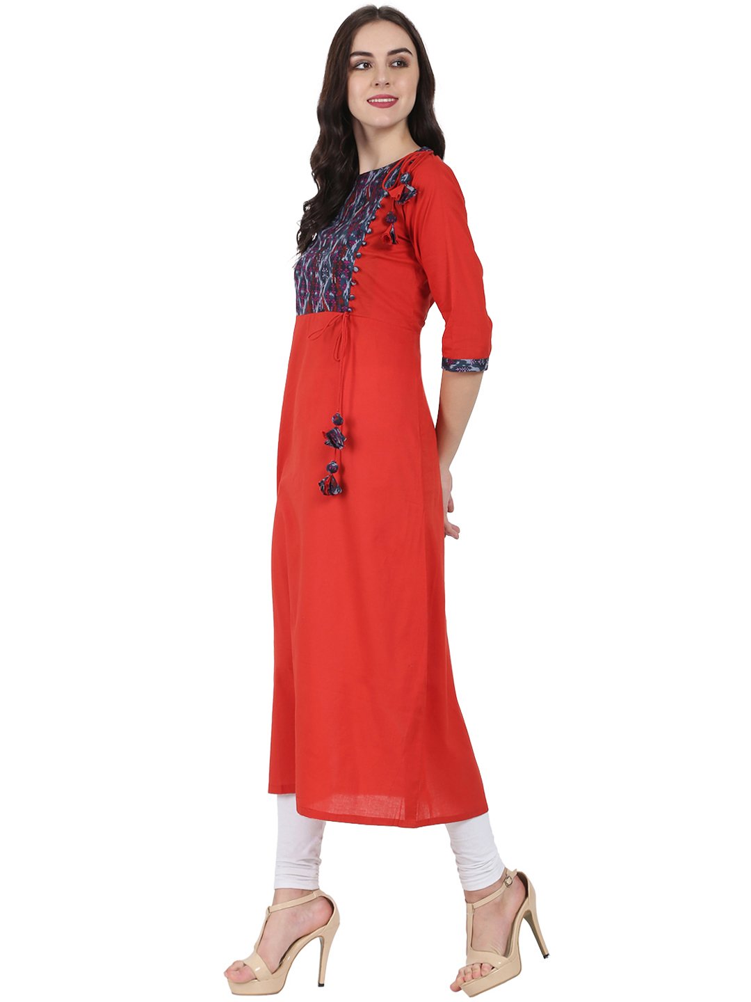 Red 3/4Th Sleeve Cotton A-Line Kurta With Dori & Latkan Work At Yoke | LASVINI - Redefining Indian Fashion with Elegance
