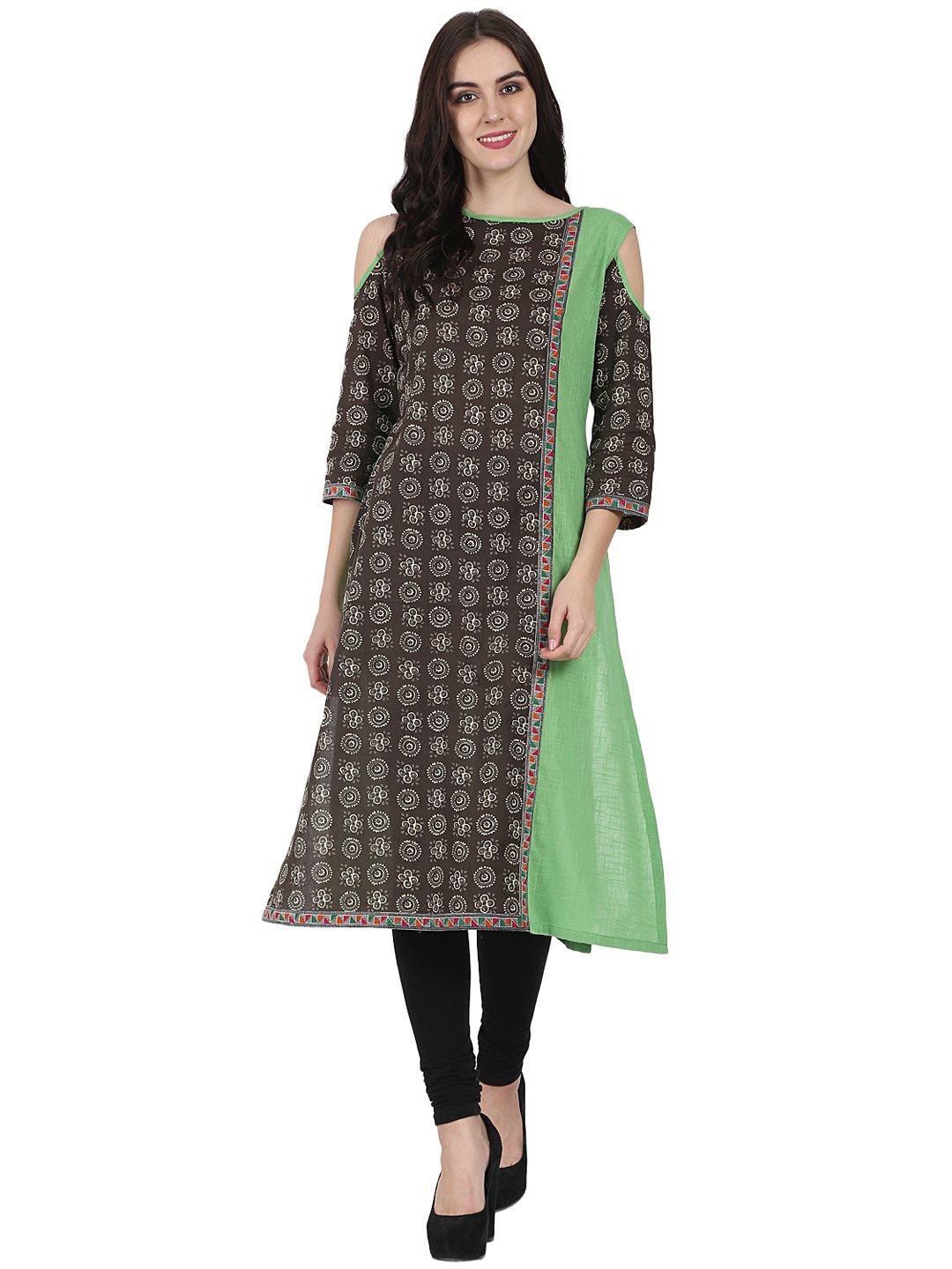 Green Printed 3/4Th Sleeve Cotton A-Line Kurta | LASVINI - Redefining Indian Fashion with Elegance