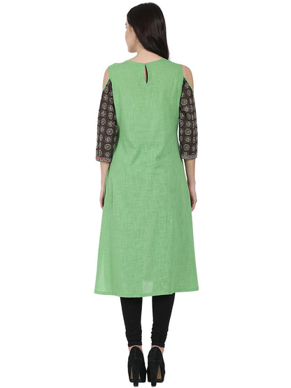 Green Printed 3/4Th Sleeve Cotton A-Line Kurta | LASVINI - Redefining Indian Fashion with Elegance
