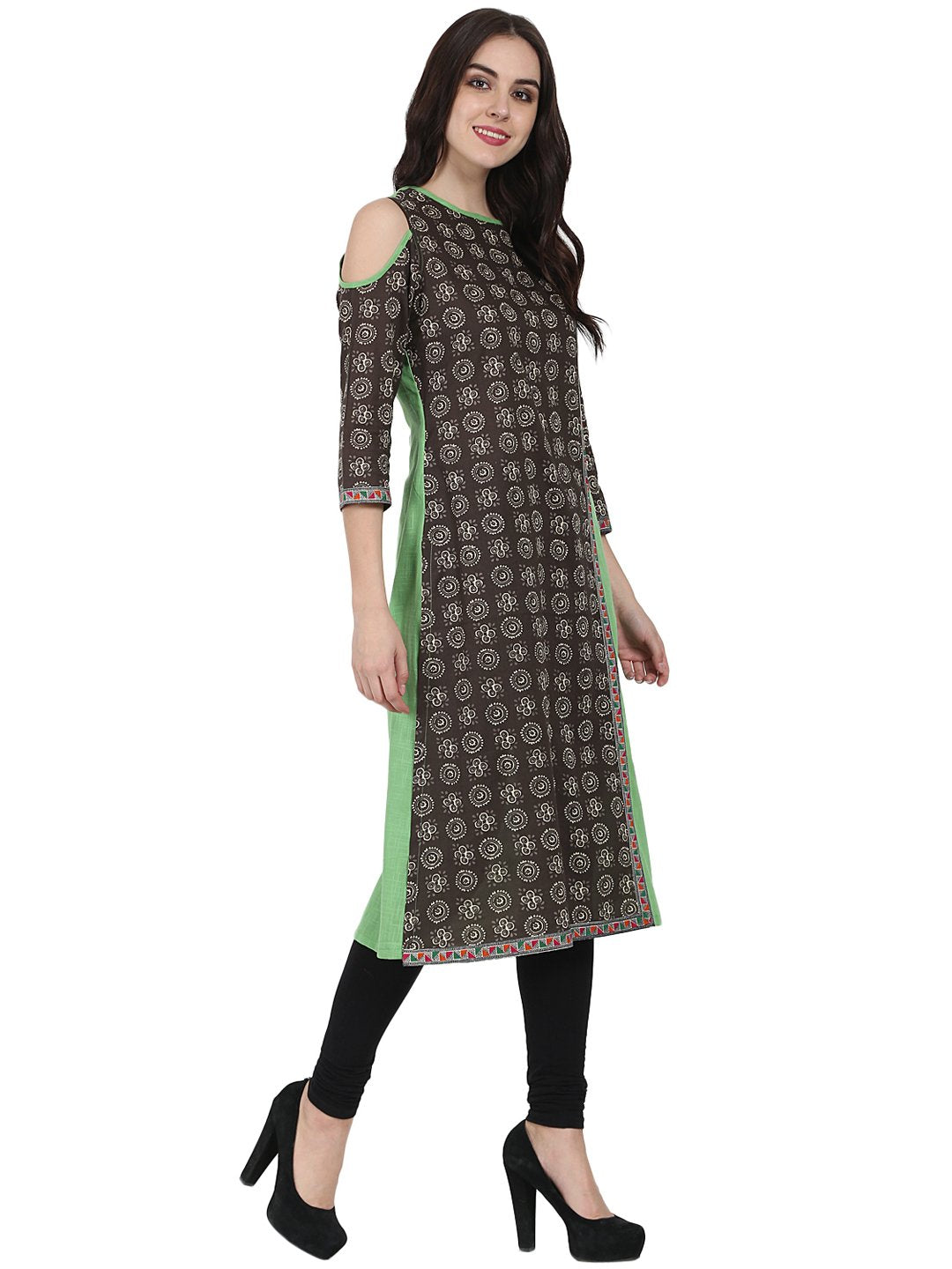 Green Printed 3/4Th Sleeve Cotton A-Line Kurta | LASVINI - Redefining Indian Fashion with Elegance
