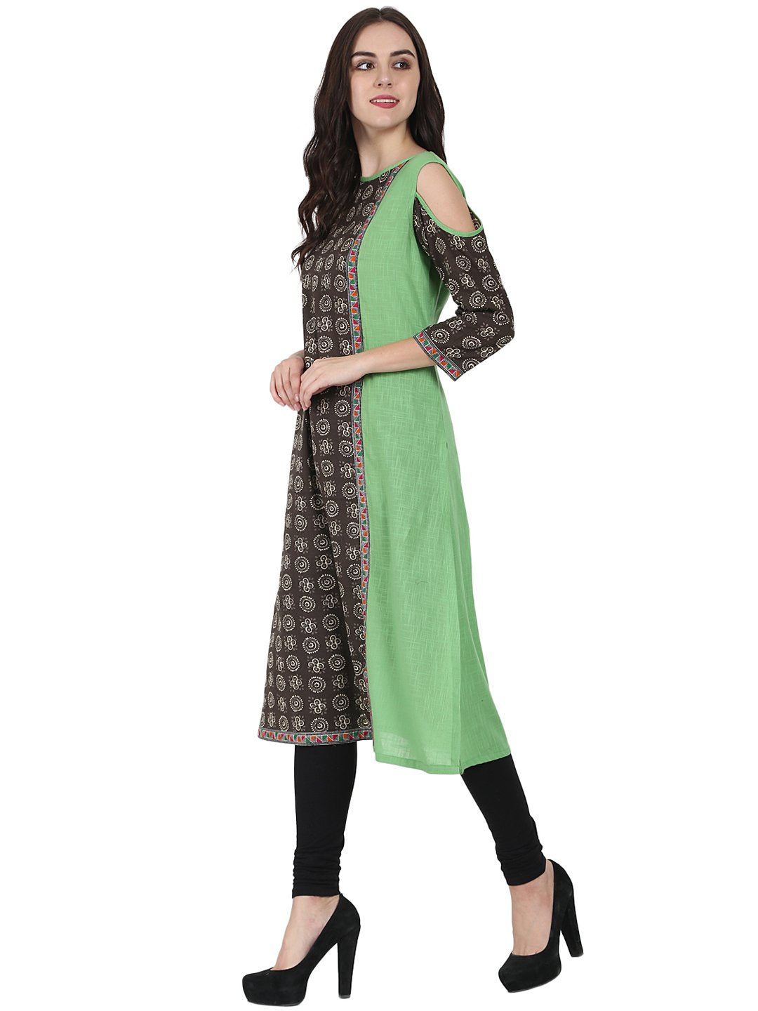 Green Printed 3/4Th Sleeve Cotton A-Line Kurta | LASVINI - Redefining Indian Fashion with Elegance