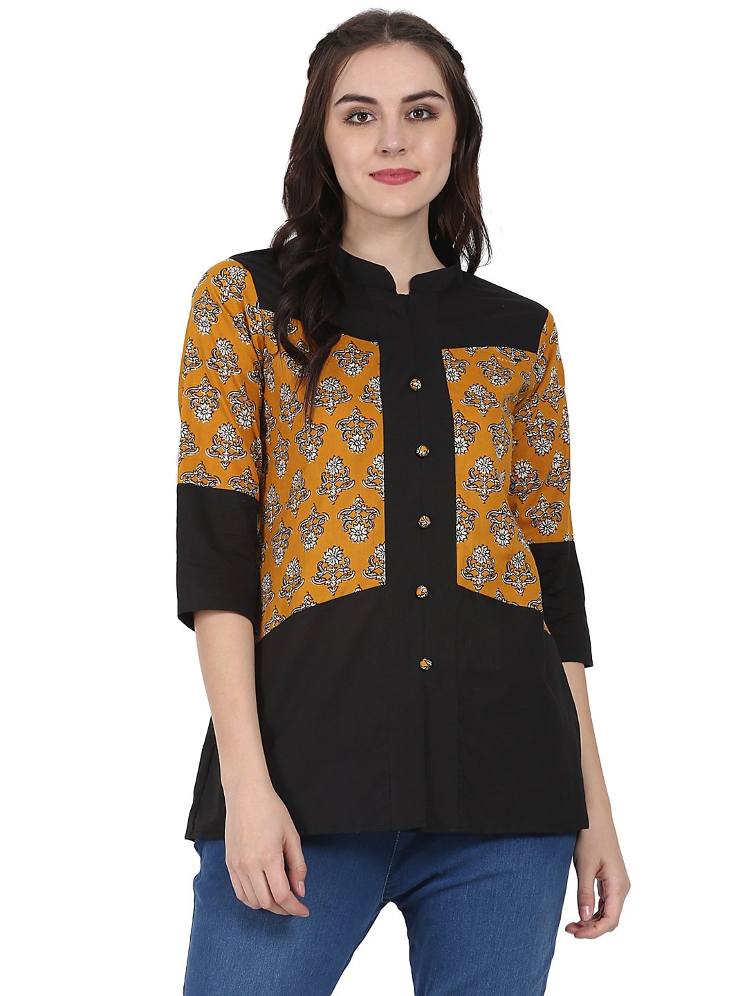 Yellow & Black 3/4Th Sleeve Cotton Tunic | LASVINI - Redefining Indian Fashion with Elegance