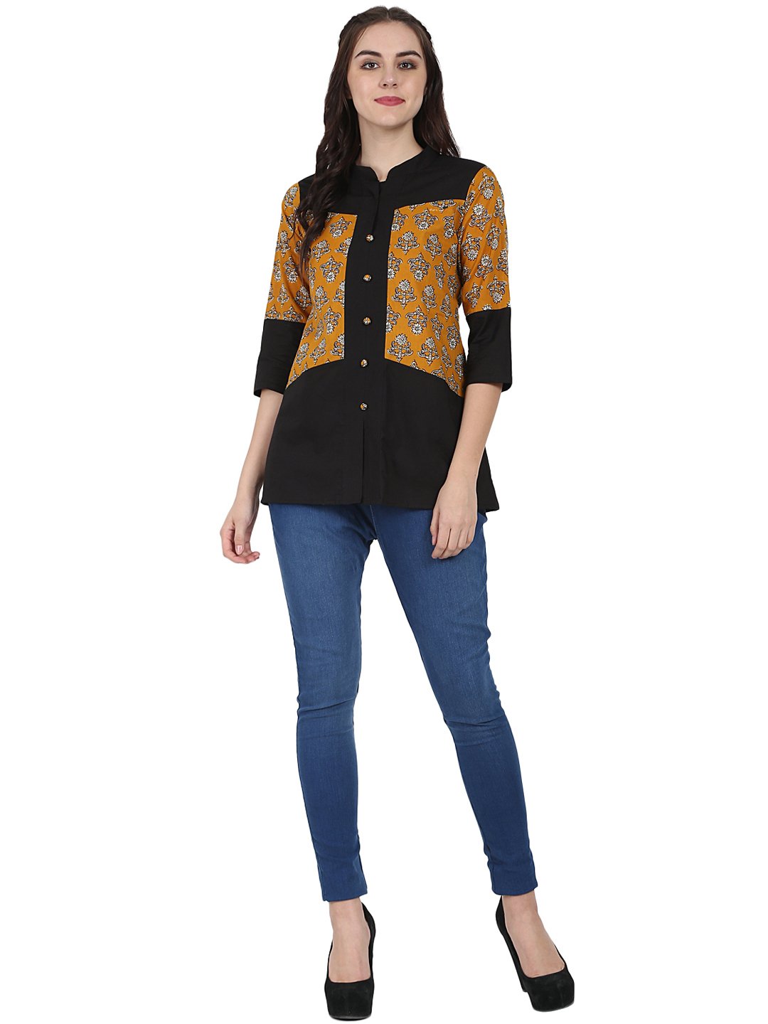 Yellow & Black 3/4Th Sleeve Cotton Tunic | LASVINI - Redefining Indian Fashion with Elegance