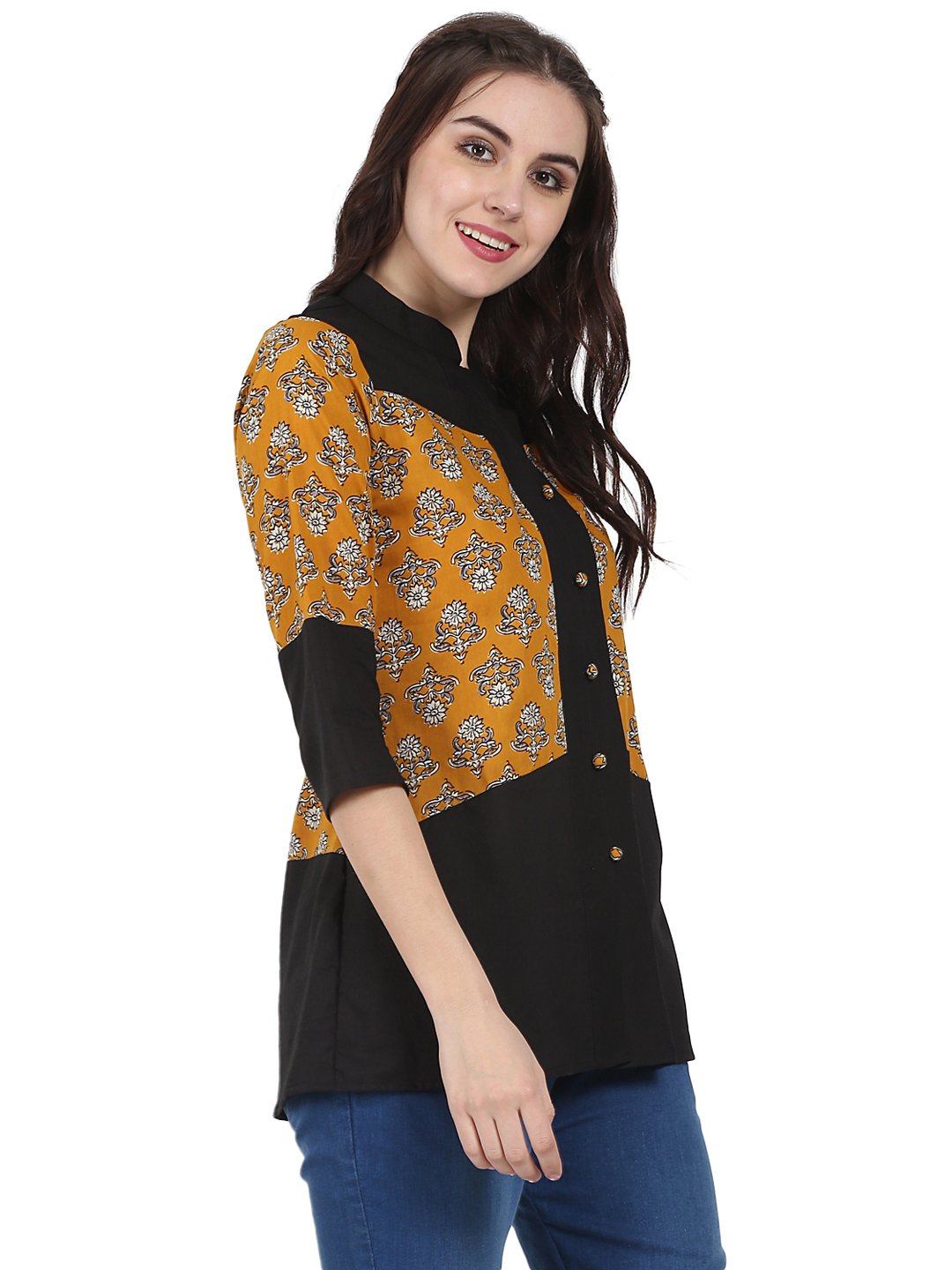 Yellow & Black 3/4Th Sleeve Cotton Tunic | LASVINI - Redefining Indian Fashion with Elegance