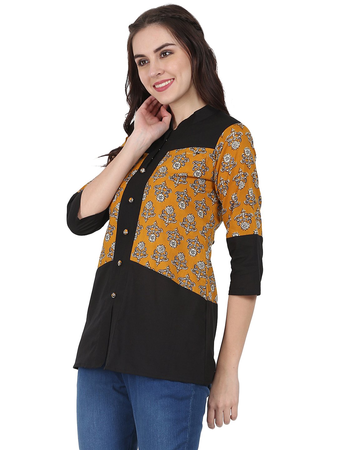 Yellow & Black 3/4Th Sleeve Cotton Tunic | LASVINI - Redefining Indian Fashion with Elegance