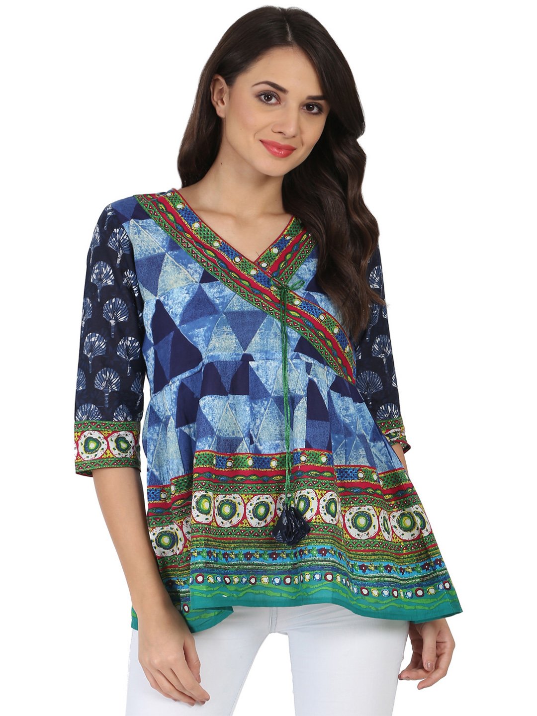 Blue Printed 3/4Th Sleeve Cotton Angrakha Style Tunic With Latkan Work At Yoke | LASVINI - Redefining Indian Fashion with Elegance