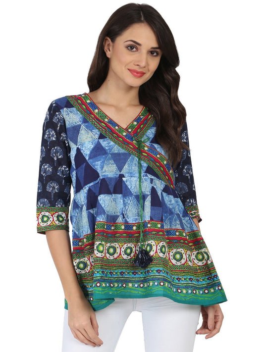 Blue Printed 3/4Th Sleeve Cotton Angrakha Style Tunic With Latkan Work At Yoke | LASVINI - Redefining Indian Fashion with Elegance