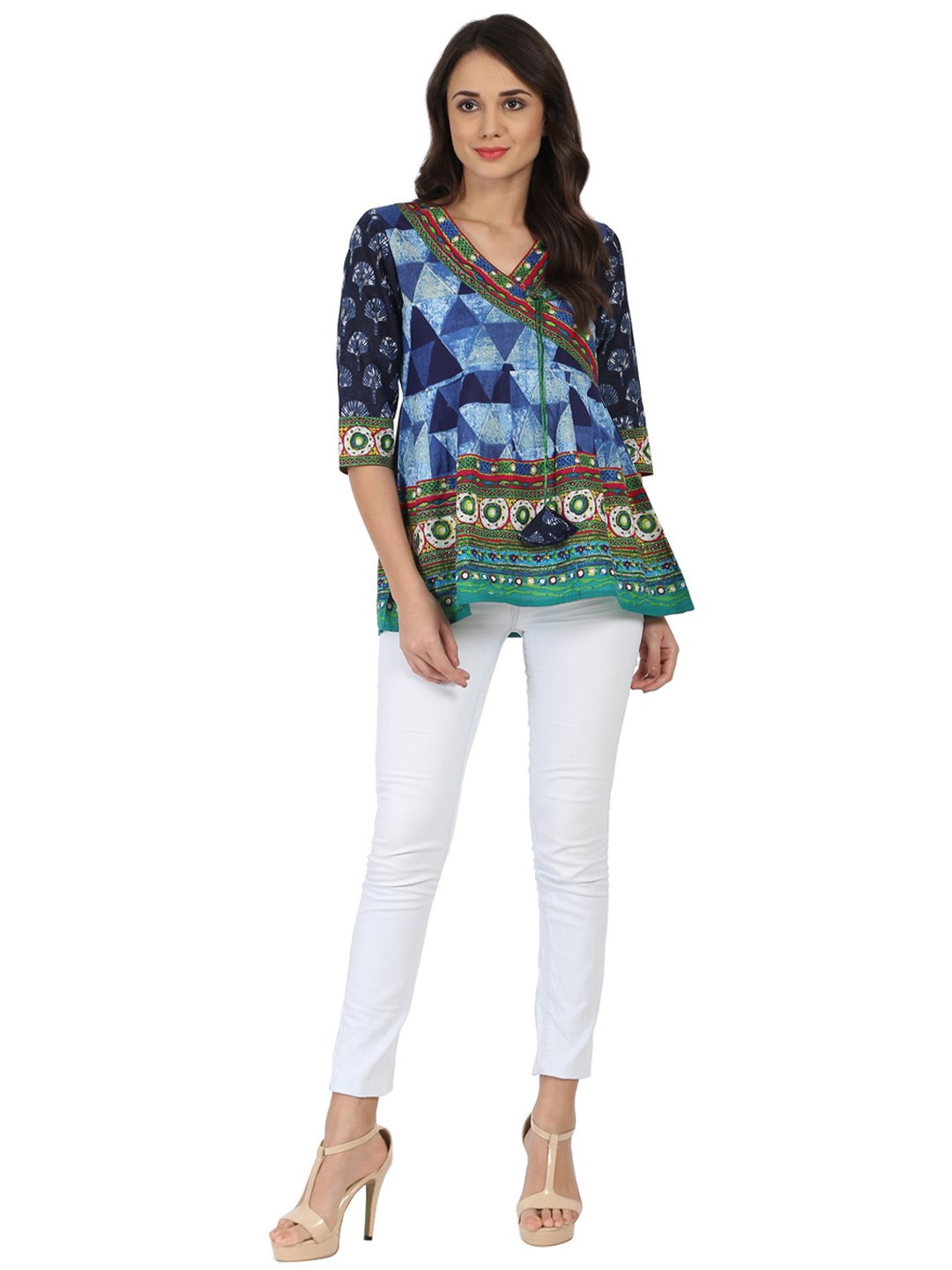 Blue Printed 3/4Th Sleeve Cotton Angrakha Style Tunic With Latkan Work At Yoke | LASVINI - Redefining Indian Fashion with Elegance