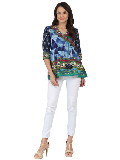 Blue Printed 3/4Th Sleeve Cotton Angrakha Style Tunic With Latkan Work At Yoke | LASVINI - Redefining Indian Fashion with Elegance