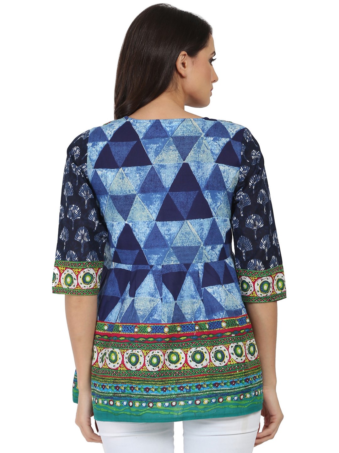Blue Printed 3/4Th Sleeve Cotton Angrakha Style Tunic With Latkan Work At Yoke | LASVINI - Redefining Indian Fashion with Elegance