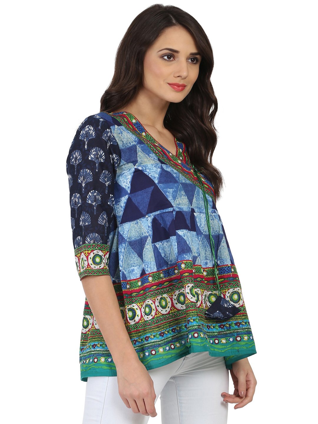 Blue Printed 3/4Th Sleeve Cotton Angrakha Style Tunic With Latkan Work At Yoke | LASVINI - Redefining Indian Fashion with Elegance