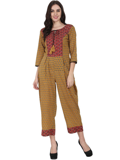 Yellow Printed 3/4Th Sleeve Cotton Jumpsuit With Double Pocket & Dori Work At Yoke | LASVINI - Redefining Indian Fashion with Elegance