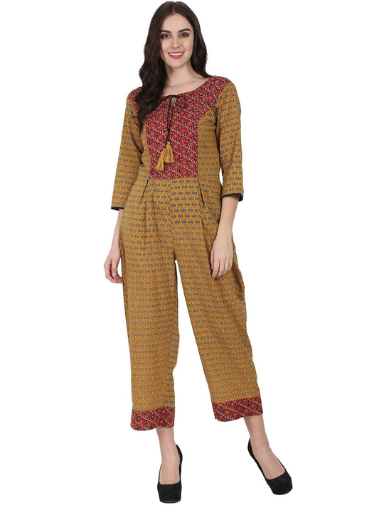 Yellow Printed 3/4Th Sleeve Cotton Jumpsuit With Double Pocket & Dori Work At Yoke | LASVINI - Redefining Indian Fashion with Elegance