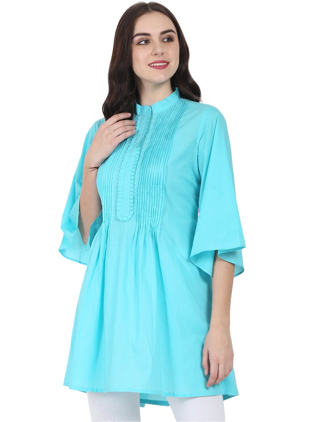 Blue 3/4Th Flared Sleeve Cotton A-Line Tunic With Pleat Work At Yoke | LASVINI - Redefining Indian Fashion with Elegance