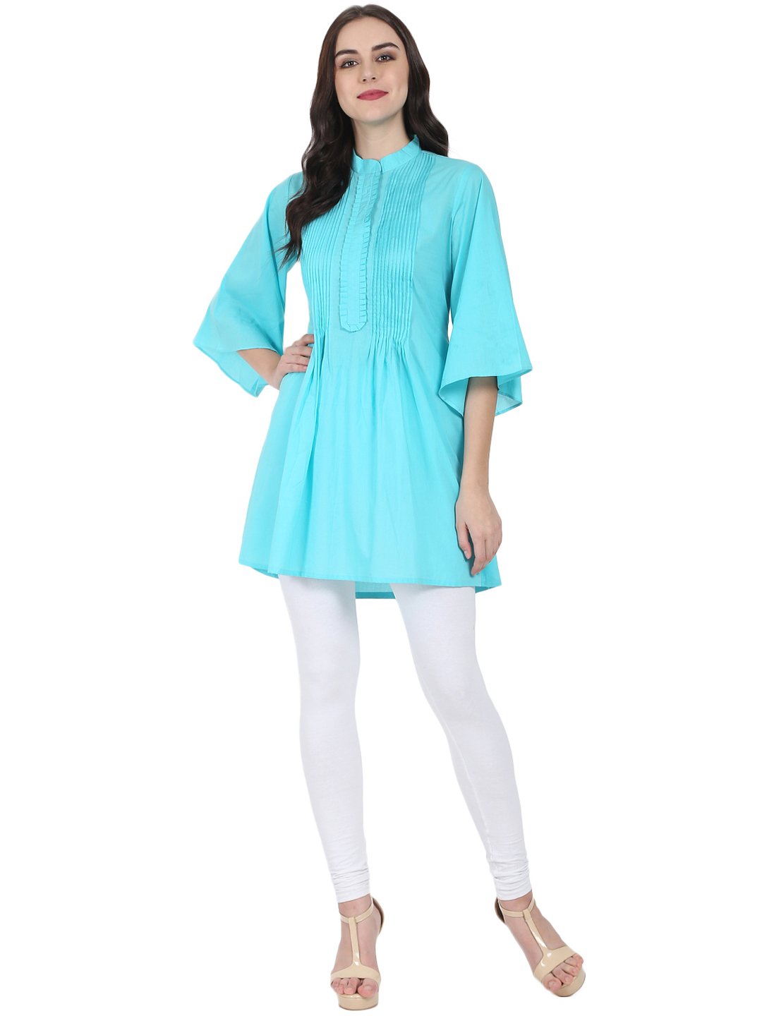 Blue 3/4Th Flared Sleeve Cotton A-Line Tunic With Pleat Work At Yoke | LASVINI - Redefining Indian Fashion with Elegance