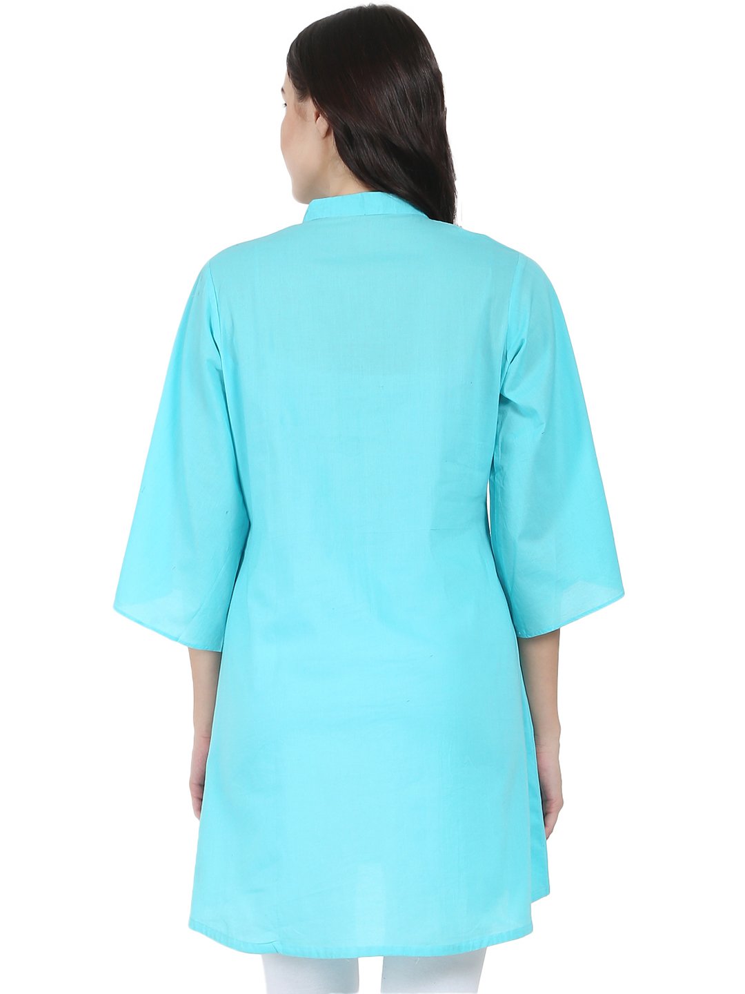 Blue 3/4Th Flared Sleeve Cotton A-Line Tunic With Pleat Work At Yoke | LASVINI - Redefining Indian Fashion with Elegance