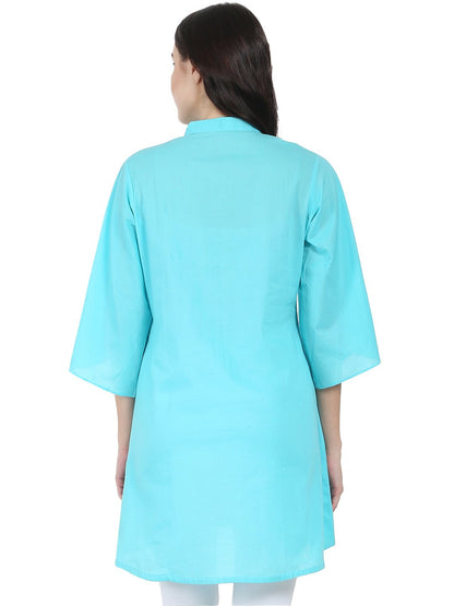 Blue 3/4Th Flared Sleeve Cotton A-Line Tunic With Pleat Work At Yoke | LASVINI - Redefining Indian Fashion with Elegance