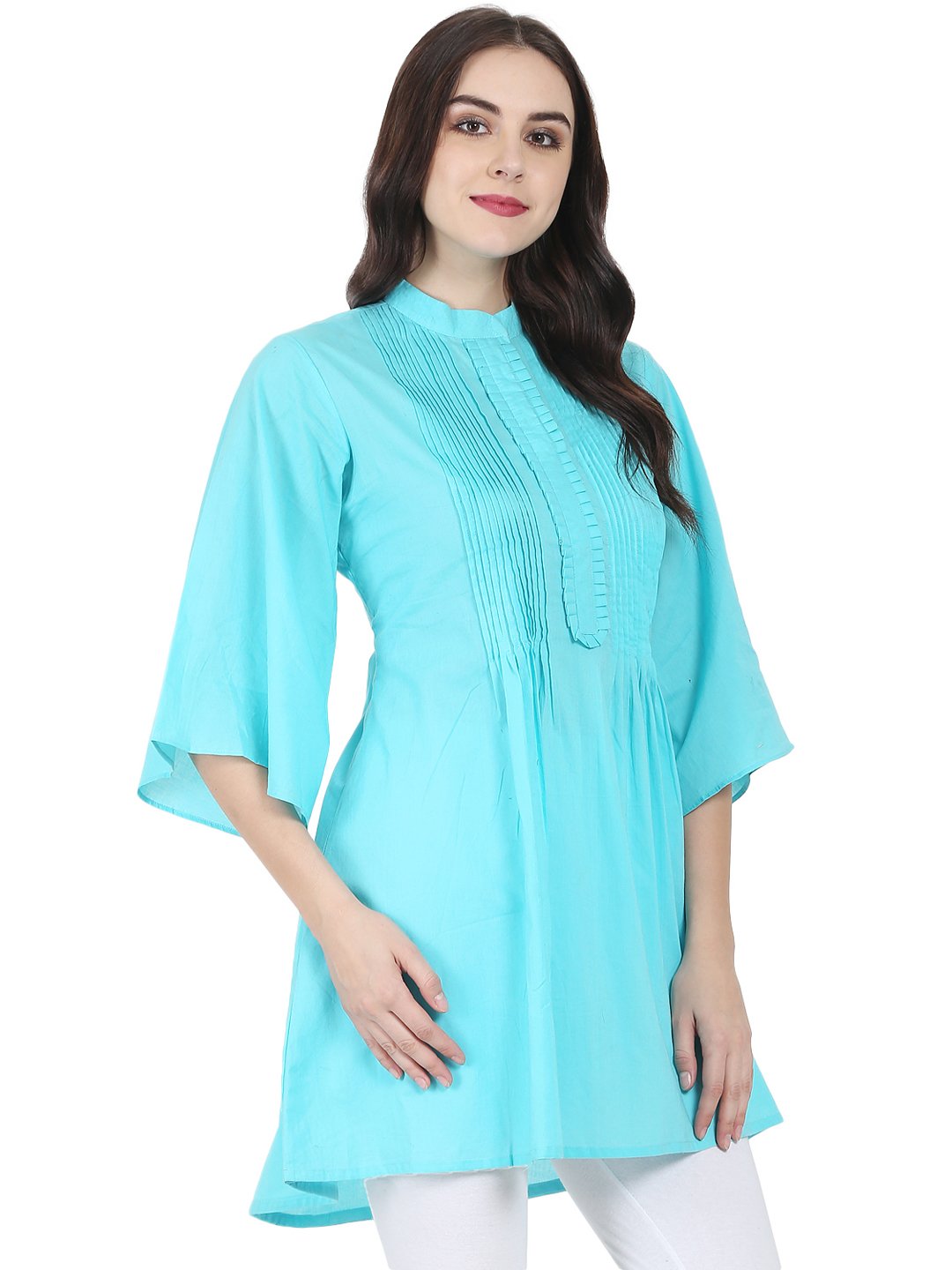 Blue 3/4Th Flared Sleeve Cotton A-Line Tunic With Pleat Work At Yoke | LASVINI - Redefining Indian Fashion with Elegance