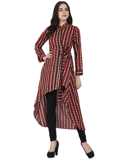 Red Printed Full Sleeve Cotton Low High Kurta | LASVINI - Redefining Indian Fashion with Elegance