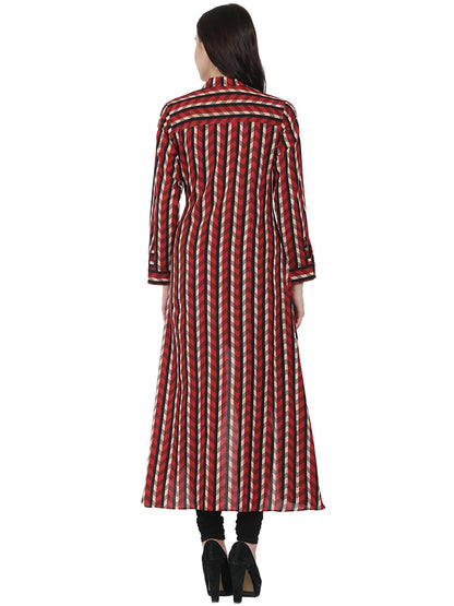 Red Printed Full Sleeve Cotton Low High Kurta | LASVINI - Redefining Indian Fashion with Elegance