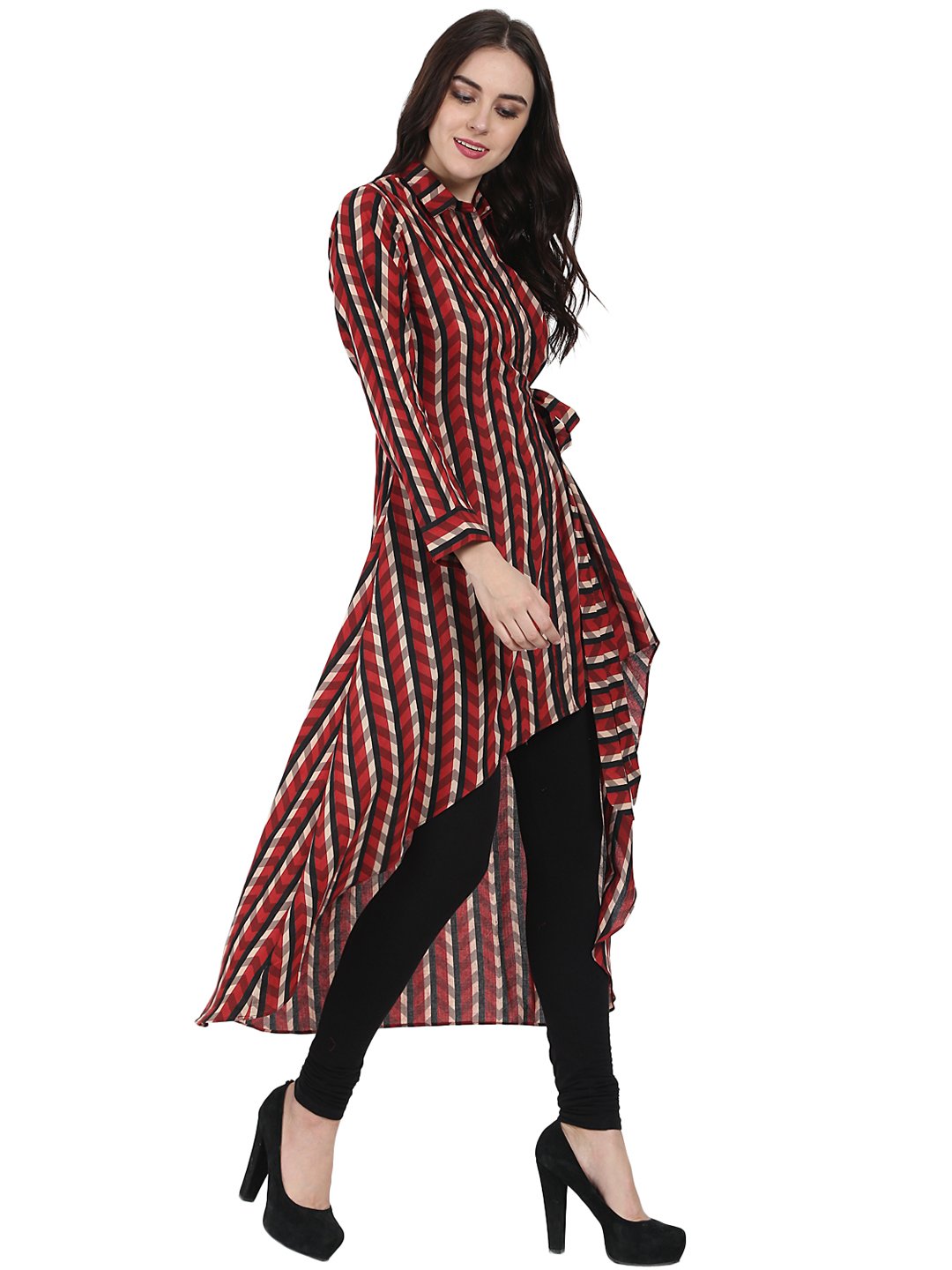 Red Printed Full Sleeve Cotton Low High Kurta | LASVINI - Redefining Indian Fashion with Elegance