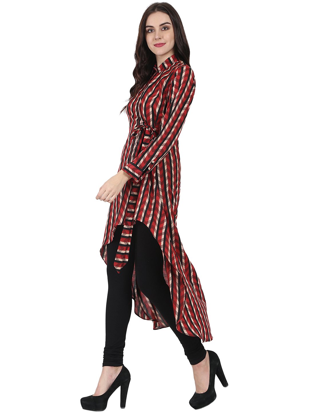 Red Printed Full Sleeve Cotton Low High Kurta | LASVINI - Redefining Indian Fashion with Elegance