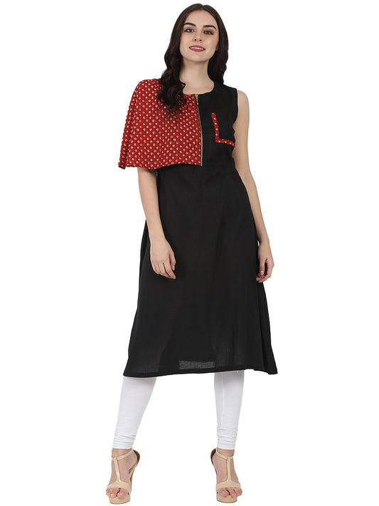 Black Printed Sleeveless Cotton A-Line Kurta | LASVINI - Redefining Indian Fashion with Elegance