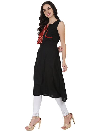 Black Printed Sleeveless Cotton A-Line Kurta | LASVINI - Redefining Indian Fashion with Elegance