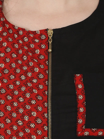 Black Printed Sleeveless Cotton A-Line Kurta | LASVINI - Redefining Indian Fashion with Elegance