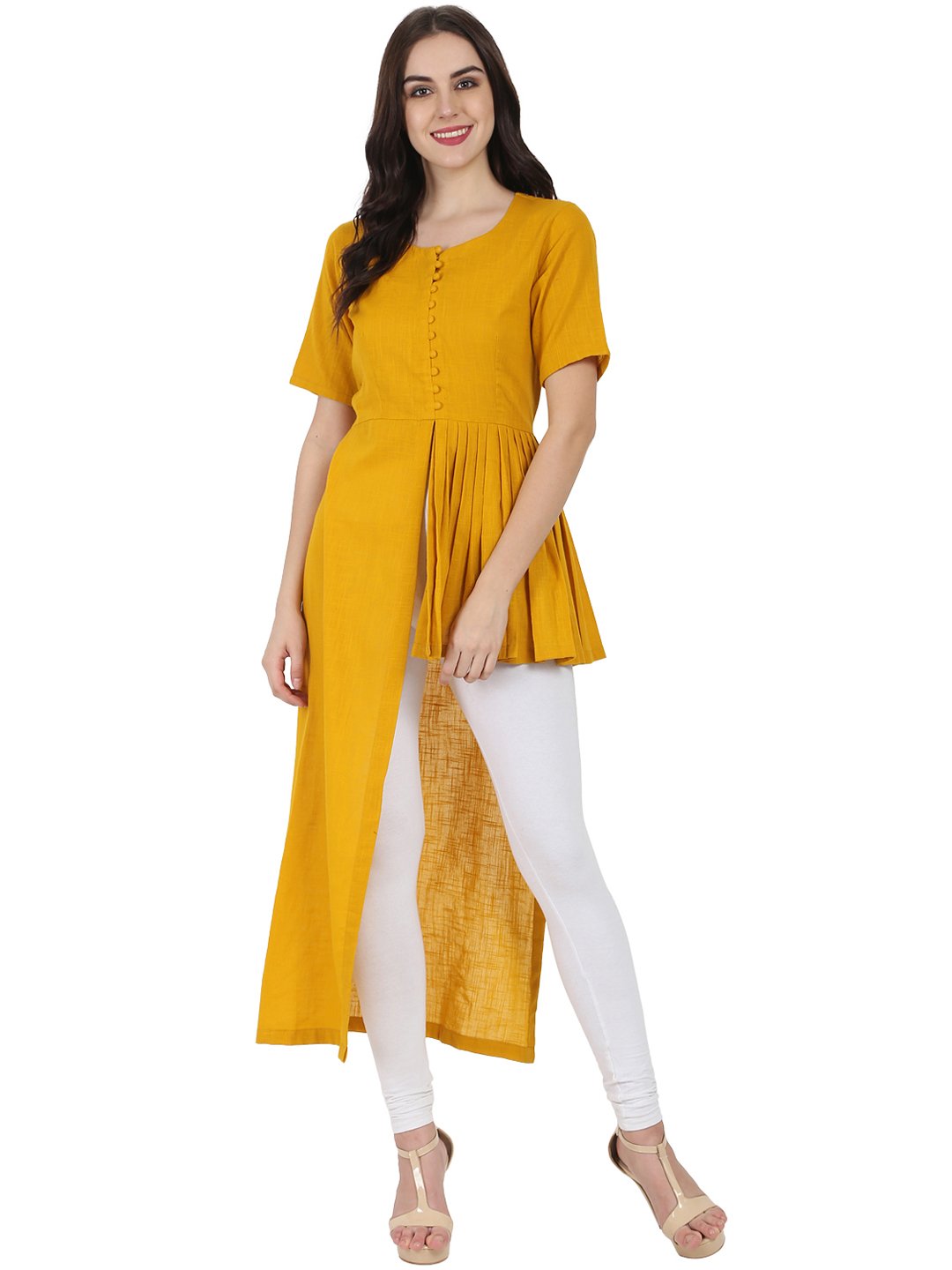Mustard Half Sleeve Cotton Slub Assymetric Kurta | LASVINI - Redefining Indian Fashion with Elegance
