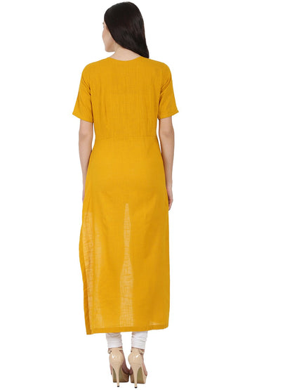 Mustard Half Sleeve Cotton Slub Assymetric Kurta | LASVINI - Redefining Indian Fashion with Elegance