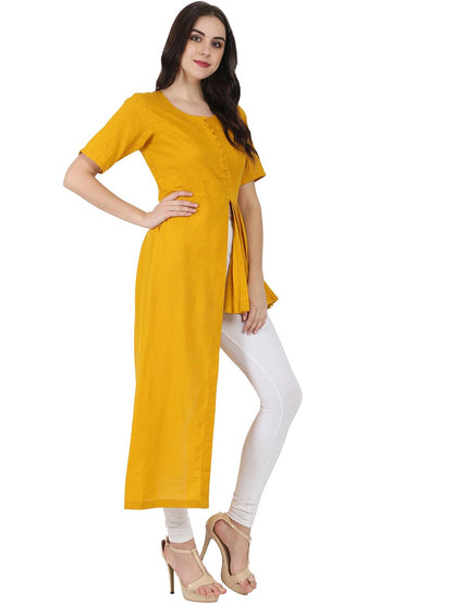Mustard Half Sleeve Cotton Slub Assymetric Kurta | LASVINI - Redefining Indian Fashion with Elegance