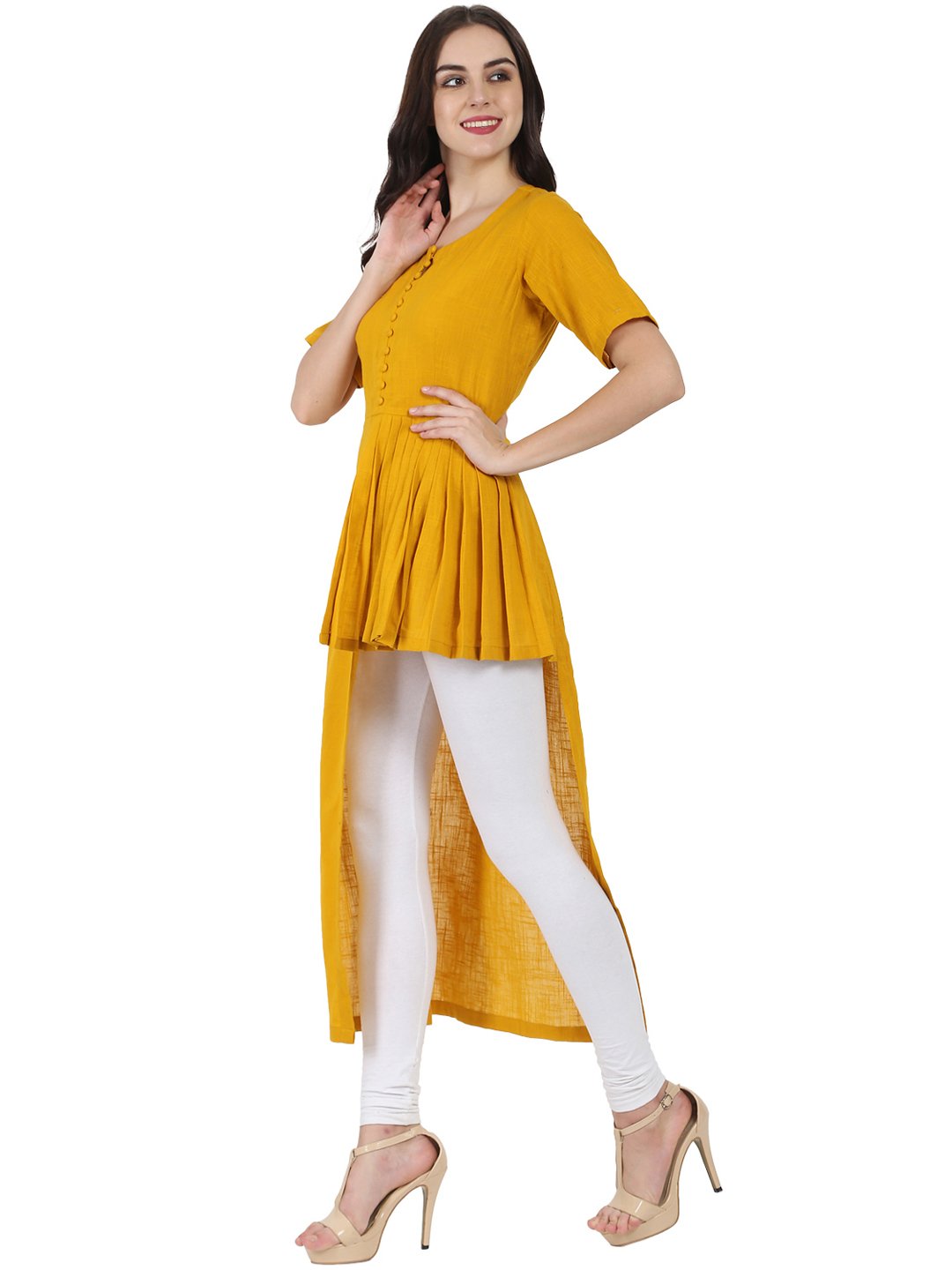 Mustard Half Sleeve Cotton Slub Assymetric Kurta | LASVINI - Redefining Indian Fashion with Elegance