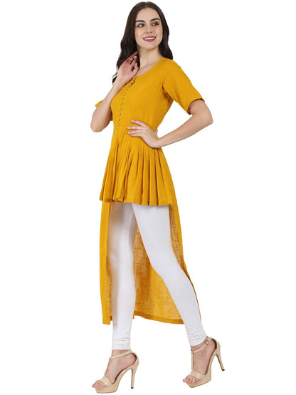Mustard Half Sleeve Cotton Slub Assymetric Kurta | LASVINI - Redefining Indian Fashion with Elegance