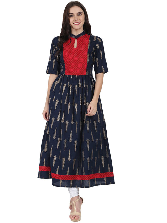 Navy Blue Printed Half Sleeve Cotton Floor Length Anarkali Kurta | LASVINI - Redefining Indian Fashion with Elegance