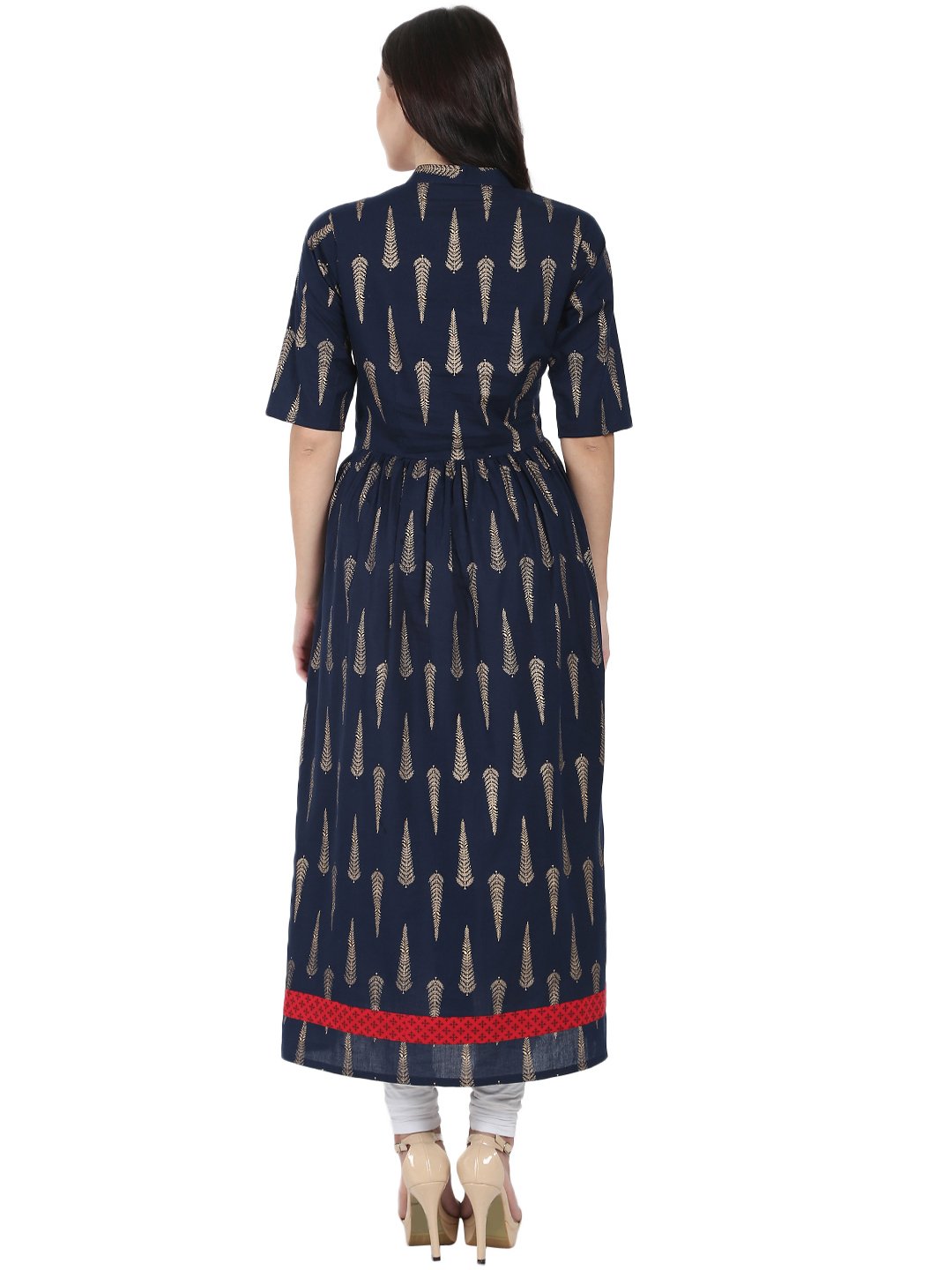 Navy Blue Printed Half Sleeve Cotton Floor Length Anarkali Kurta | LASVINI - Redefining Indian Fashion with Elegance