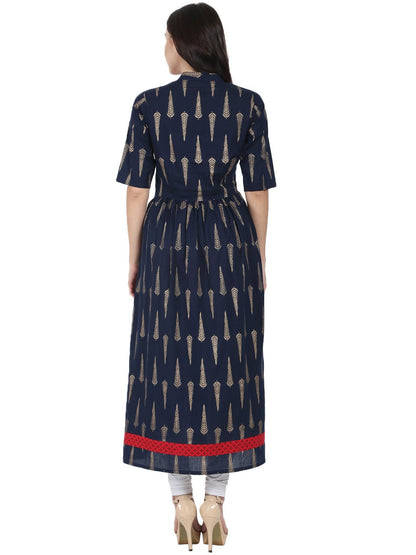 Navy Blue Printed Half Sleeve Cotton Floor Length Anarkali Kurta | LASVINI - Redefining Indian Fashion with Elegance