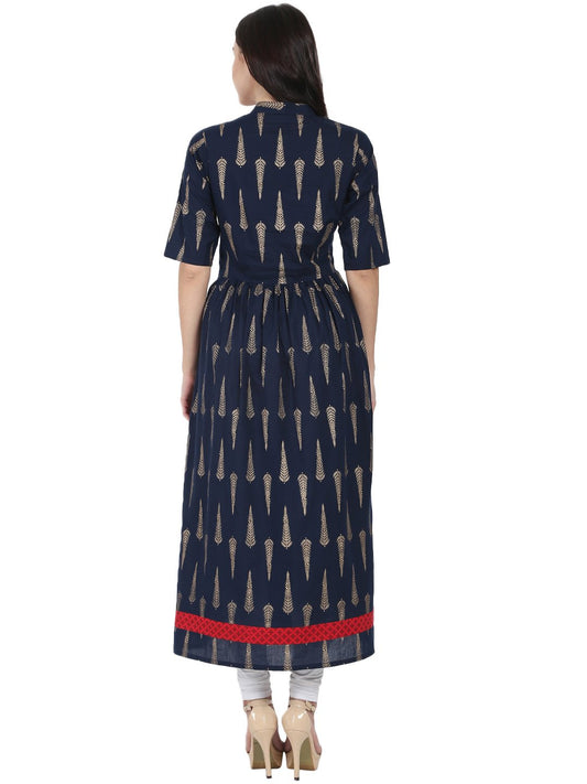 Navy Blue Printed Half Sleeve Cotton Floor Length Anarkali Kurta | LASVINI - Redefining Indian Fashion with Elegance