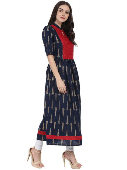 Navy Blue Printed Half Sleeve Cotton Floor Length Anarkali Kurta | LASVINI - Redefining Indian Fashion with Elegance