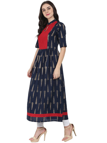 Navy Blue Printed Half Sleeve Cotton Floor Length Anarkali Kurta | LASVINI - Redefining Indian Fashion with Elegance