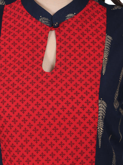 Navy Blue Printed Half Sleeve Cotton Floor Length Anarkali Kurta | LASVINI - Redefining Indian Fashion with Elegance