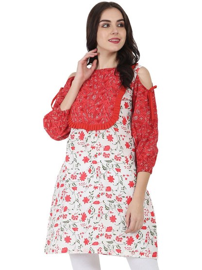 White & Red Printed 3/4Th Sleeve Cotton Cold Shoulder Tunic | LASVINI - Redefining Indian Fashion with Elegance