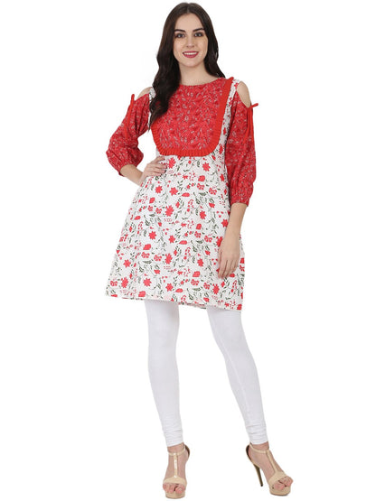 White & Red Printed 3/4Th Sleeve Cotton Cold Shoulder Tunic | LASVINI - Redefining Indian Fashion with Elegance