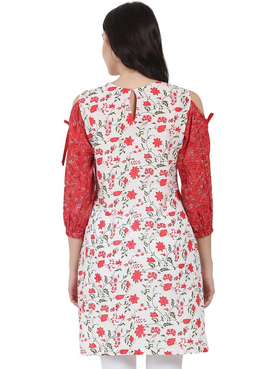 White & Red Printed 3/4Th Sleeve Cotton Cold Shoulder Tunic | LASVINI - Redefining Indian Fashion with Elegance